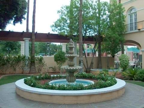 San Marcos fountain and shady pergola